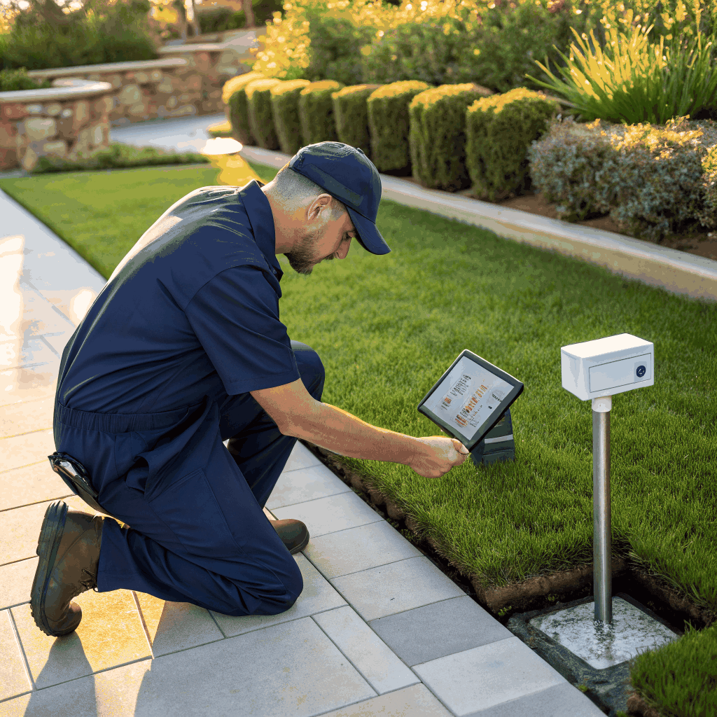 Technician adjusting smart irrigation controller in Green Valley