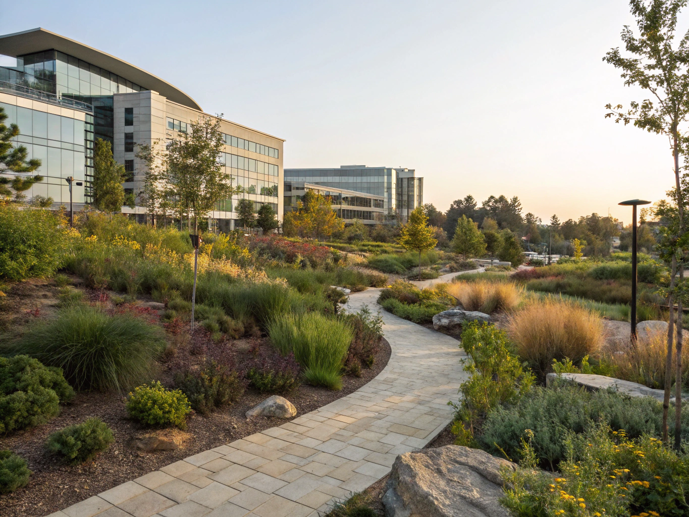 Wide view of corporate campus with native landscaping
