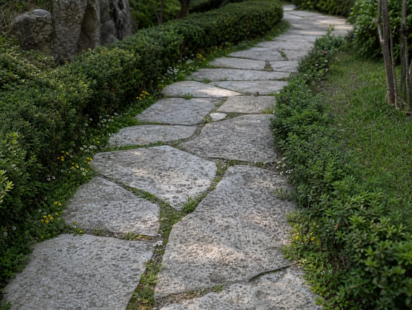 New stone pathway through landscaped grounds