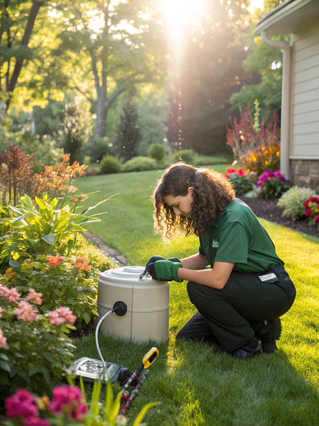 Amara Okafor, apprentice technician, checking irrigation valves