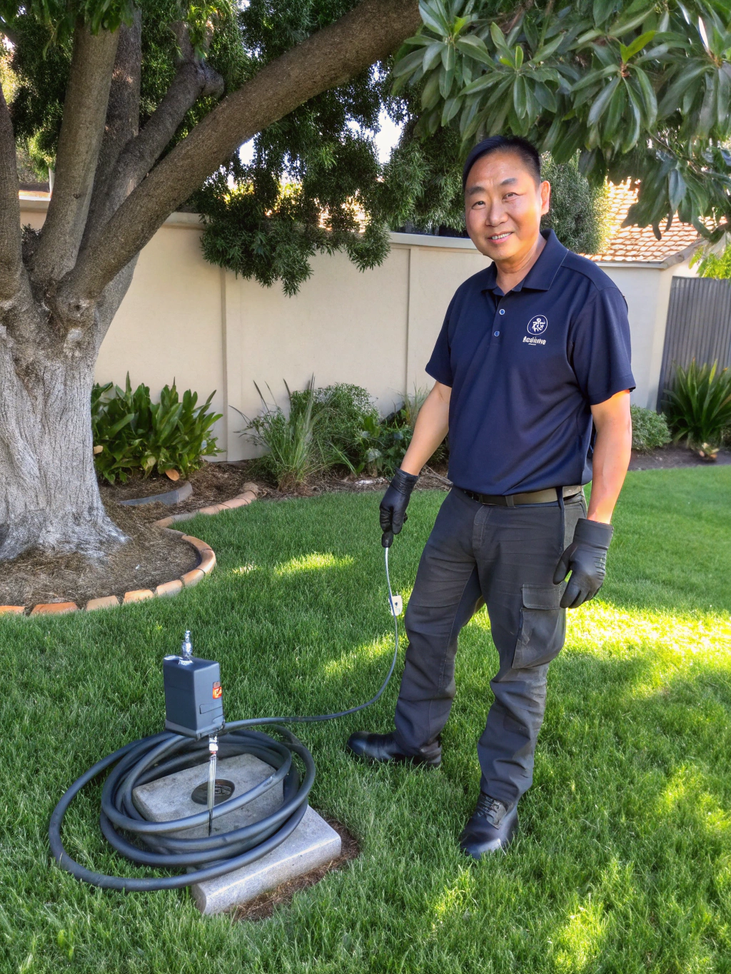 David Chen, irrigation technician, testing a smart sprinkler system