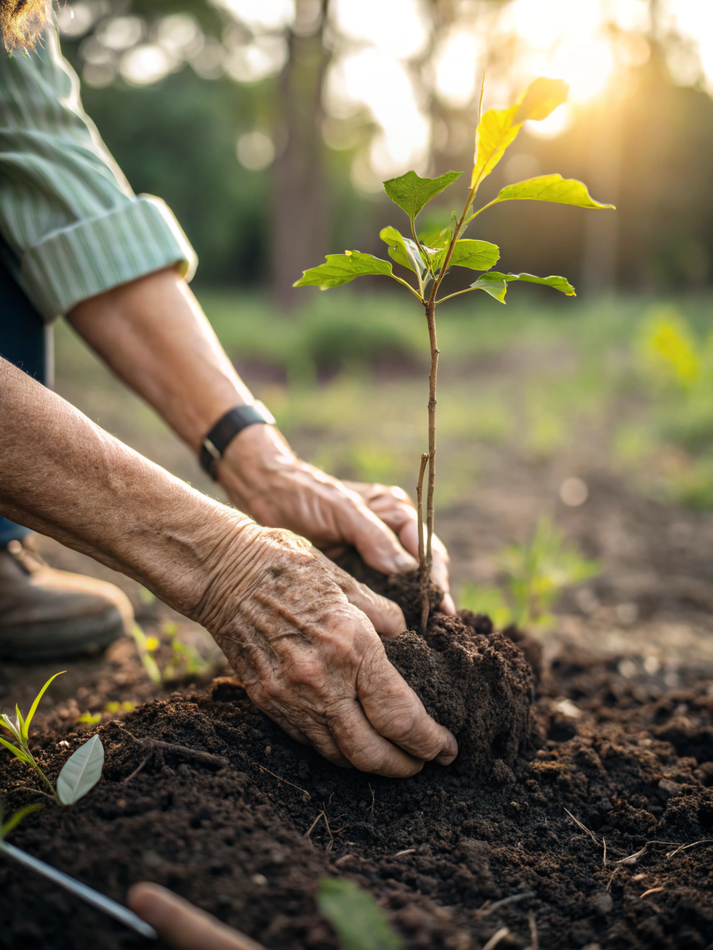 Nathaniel Reed, arborist, planting a young native tree