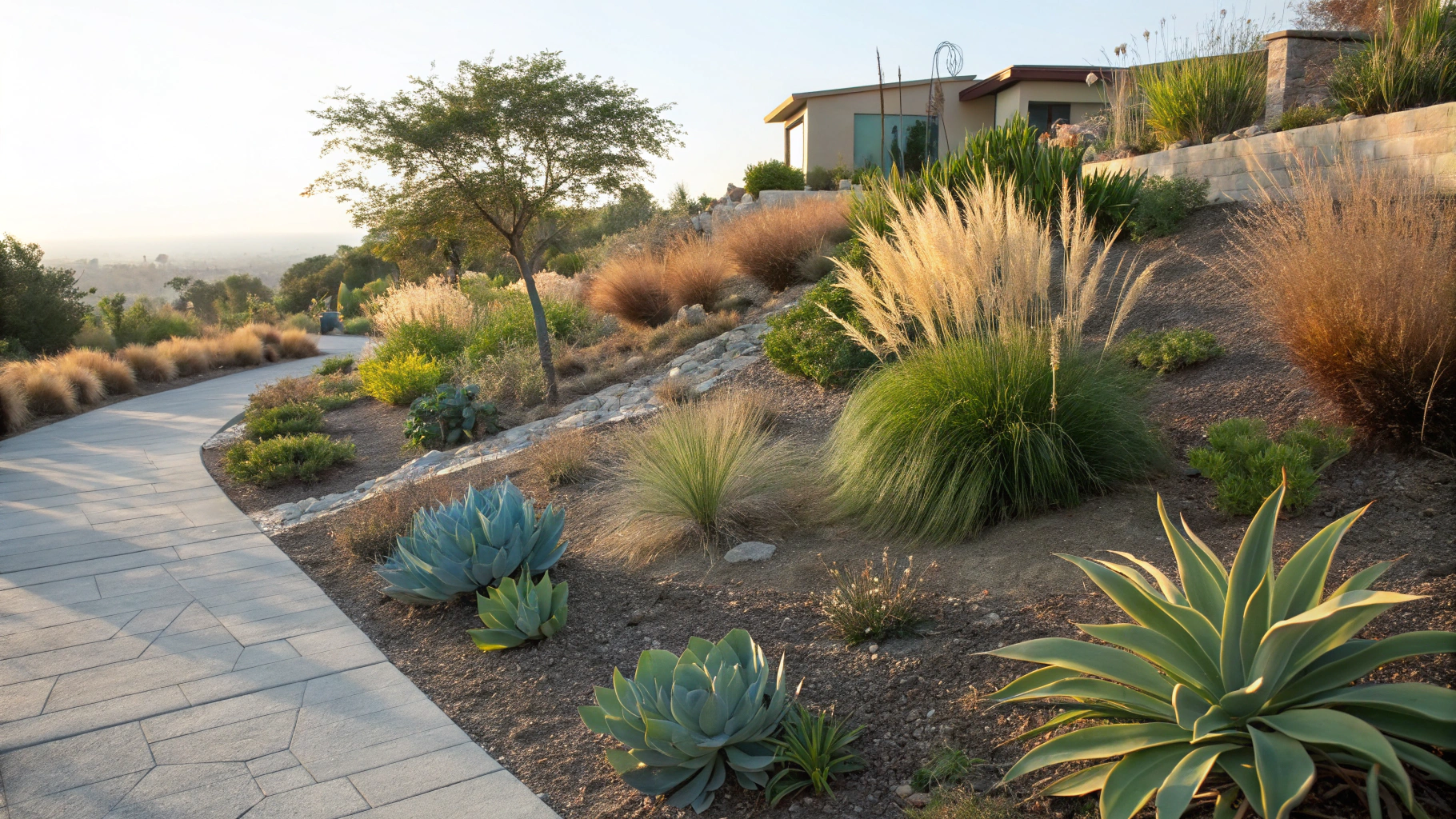 Drought-tolerant lawn installation on a mountain ridge property