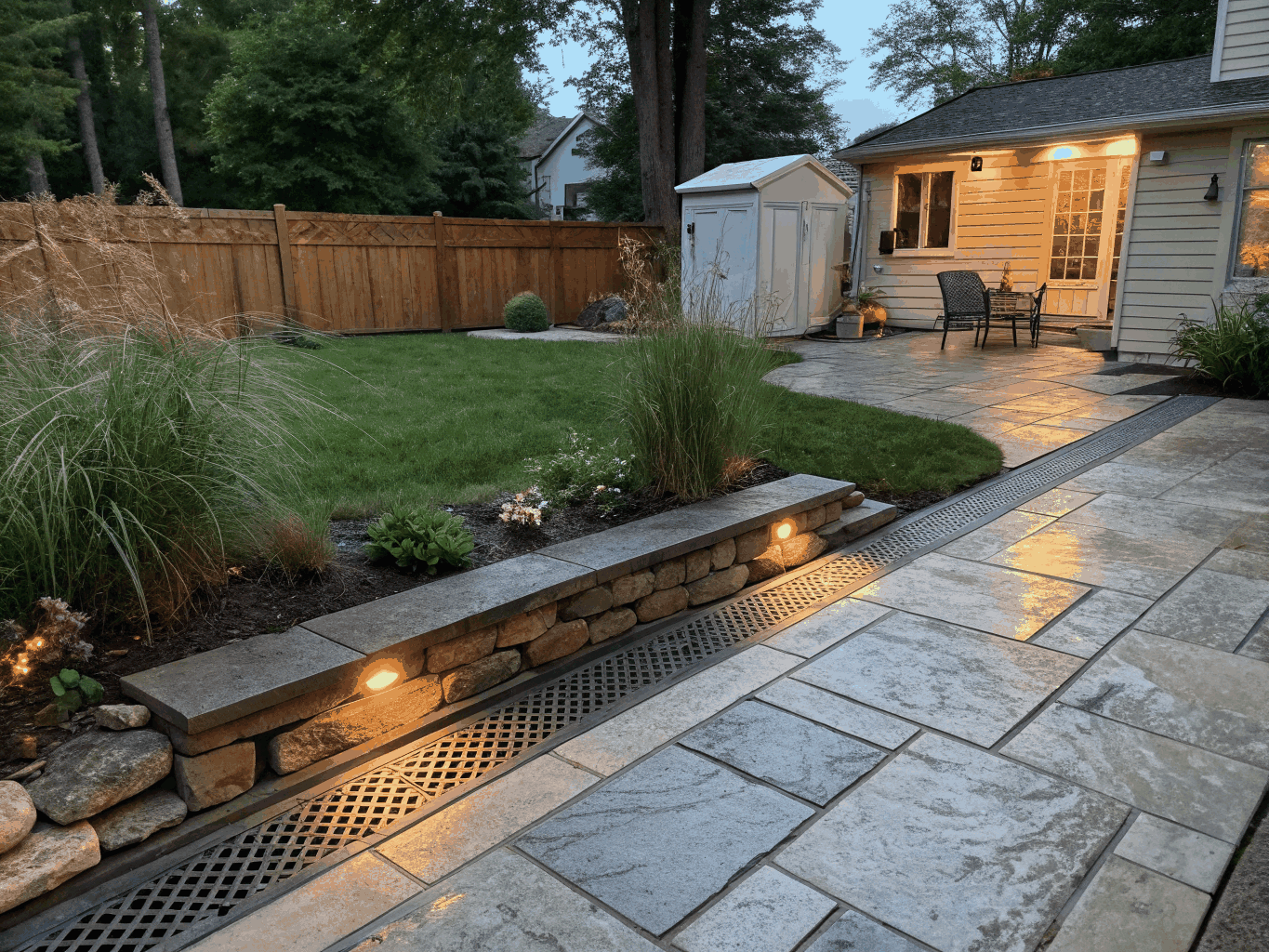 Integrated drainage detail in stone patio