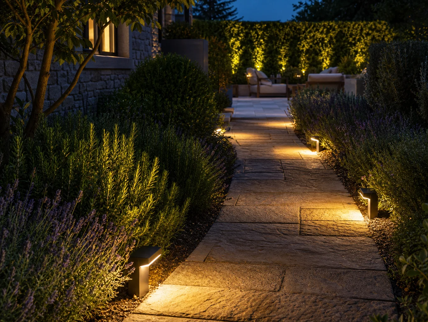 Low-voltage lighting illuminating patio at dusk