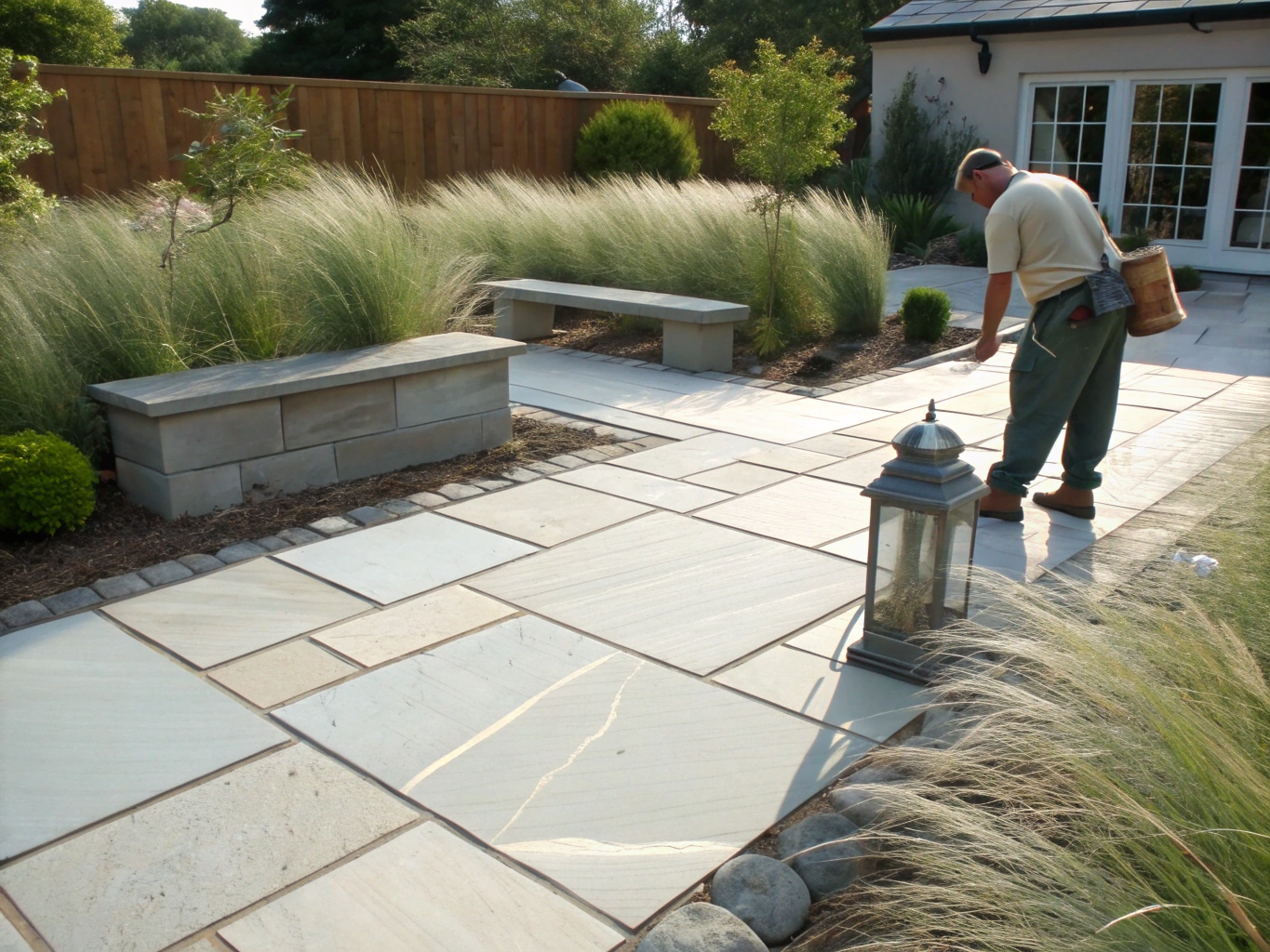 Newly constructed stone patio with integrated landscape lighting
