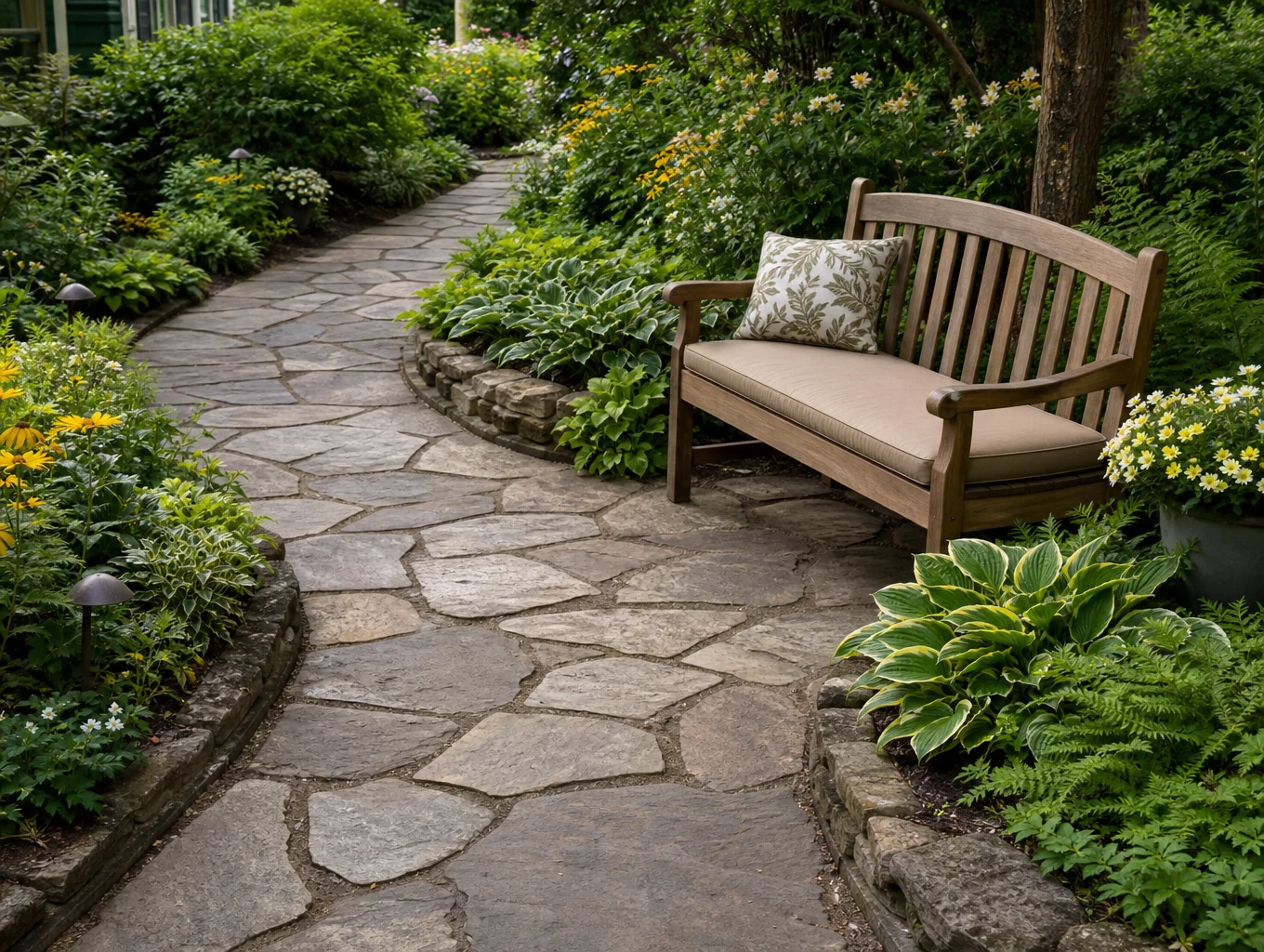 Natural stone pathway integrated into a landscaped garden