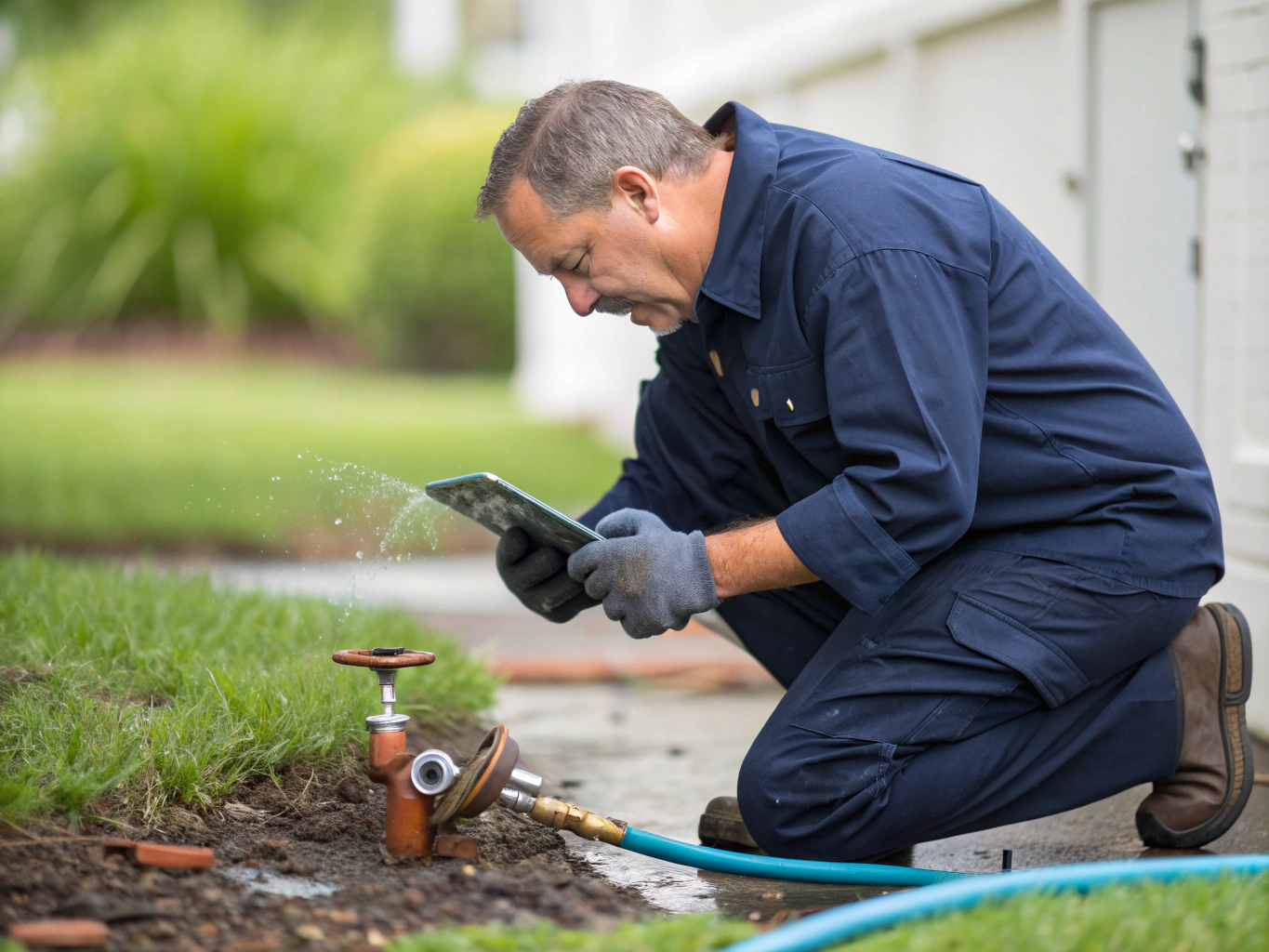 Technician installing smart irrigation valves in a residential garden bed