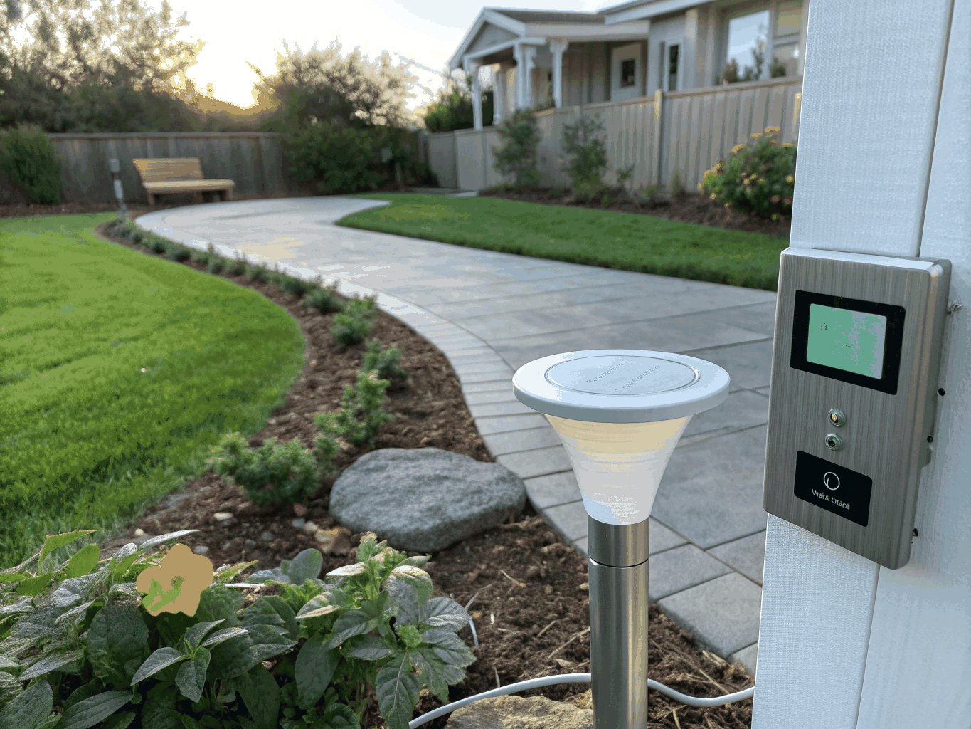 Technician installing smart irrigation controller in garden