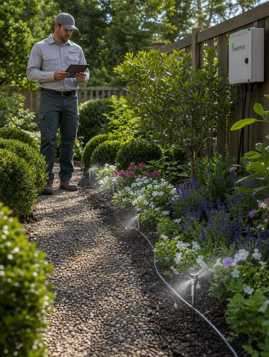 Precision drip irrigation installation in a residential garden bed