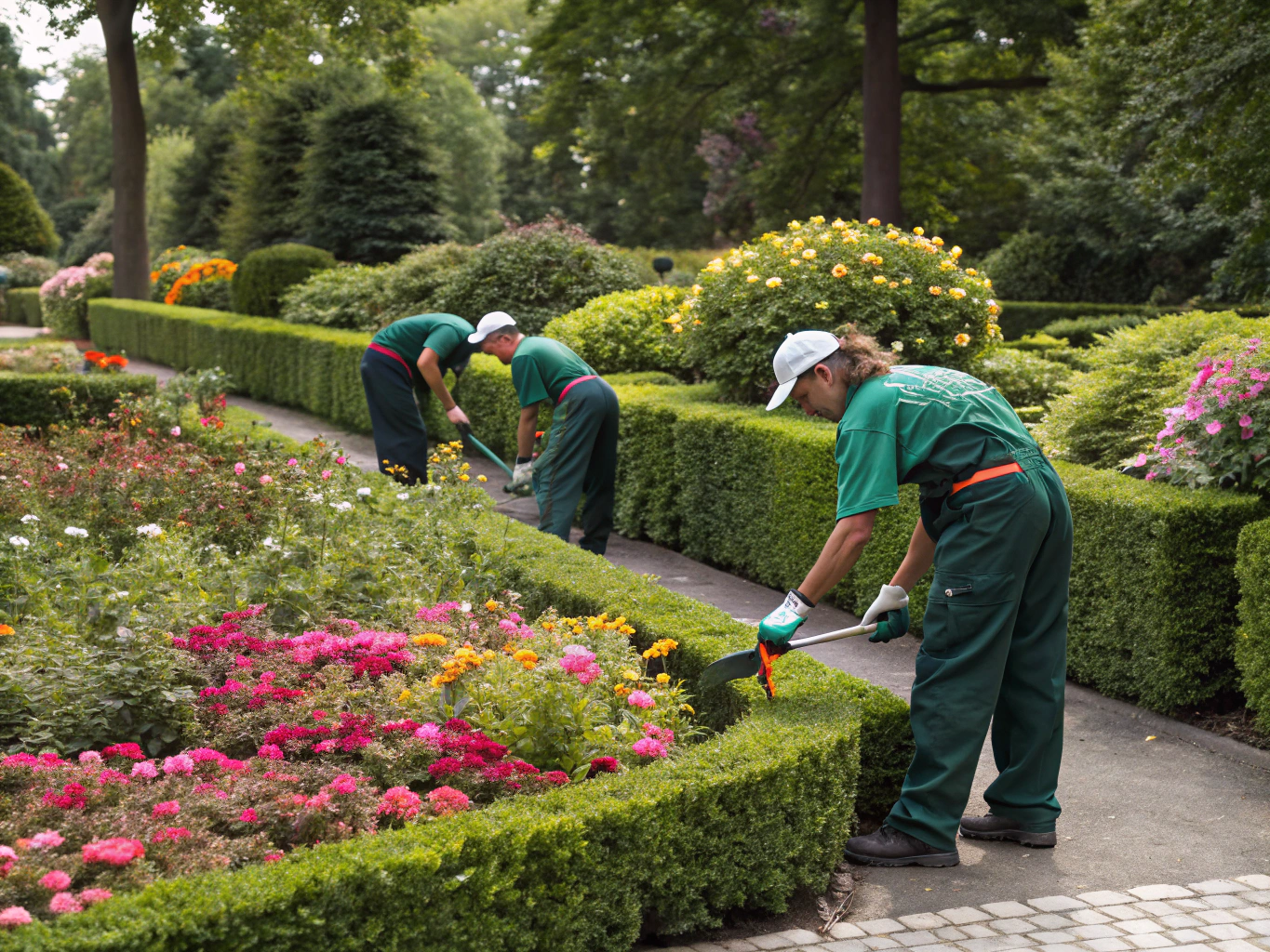 Professional crew performing seasonal pruning and mulching in a garden