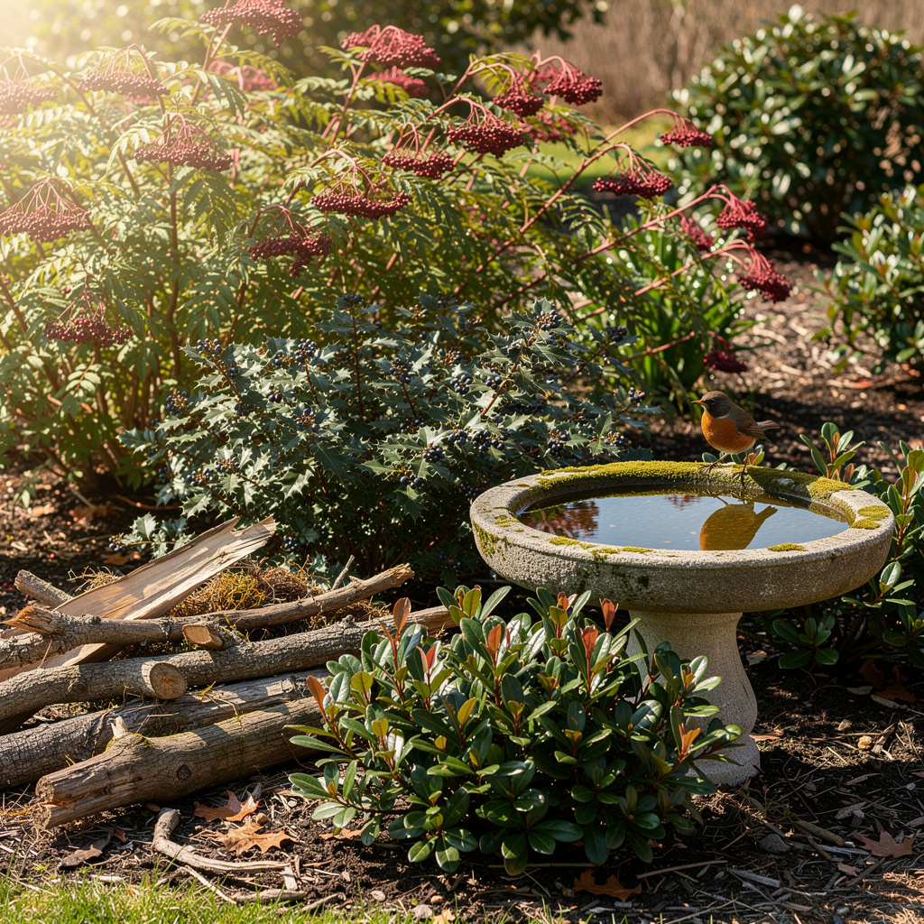 Native shrub planting design with organic mulch ground cover