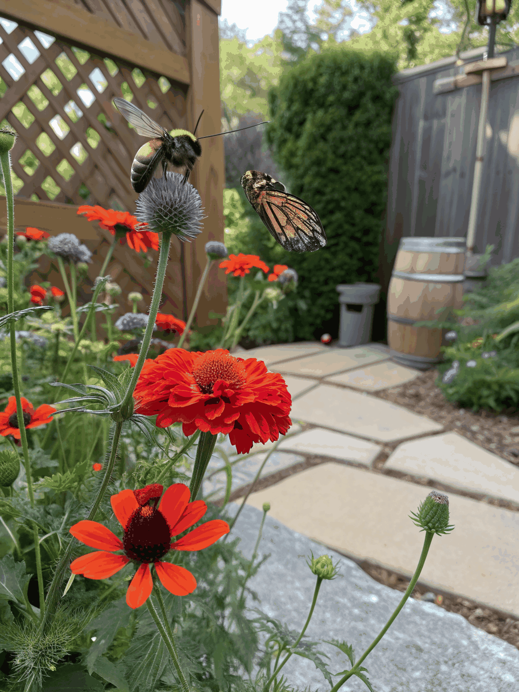 Lush pollinator garden surrounding a cottage entrance