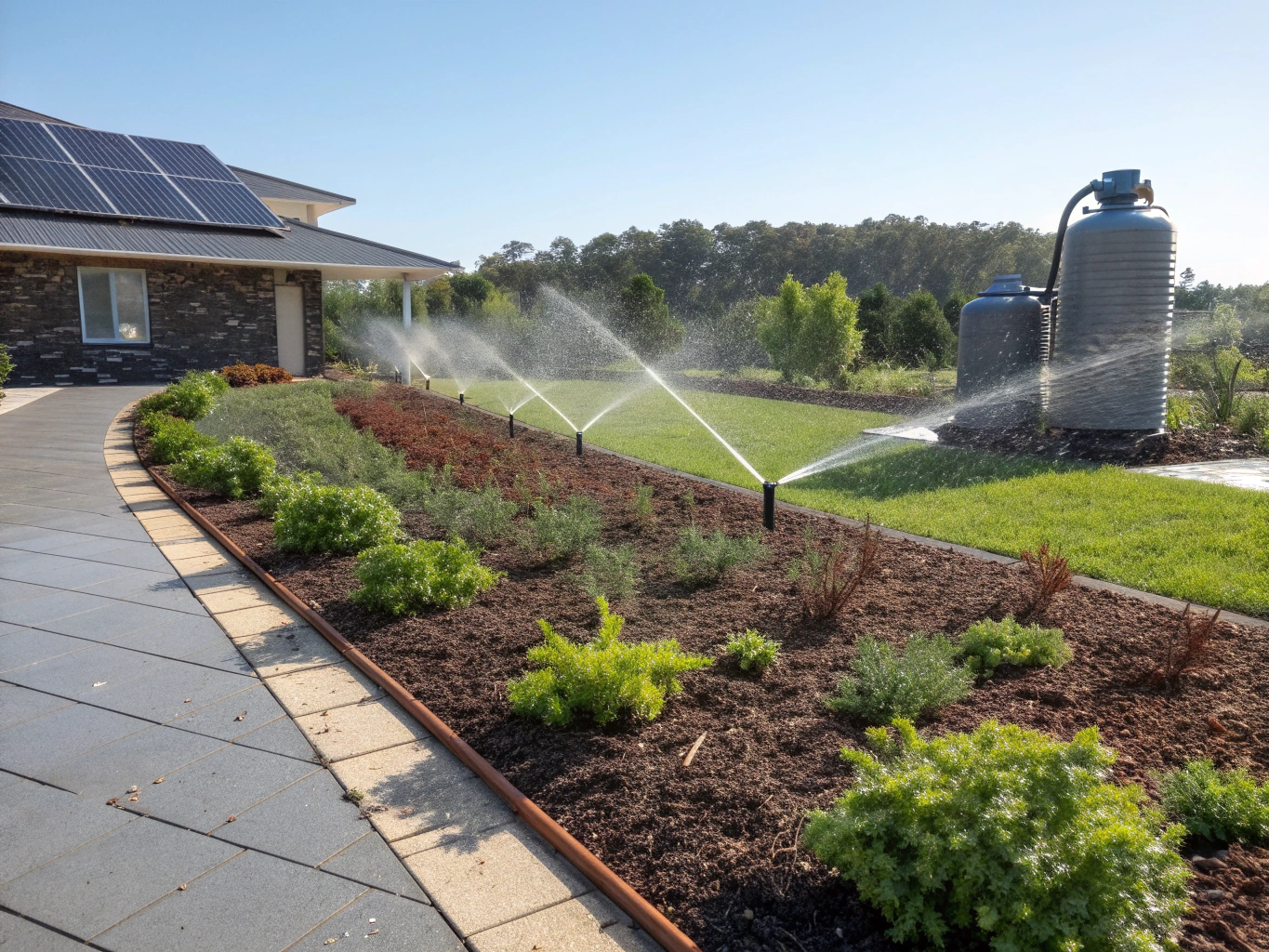 Drip irrigation lines hidden beneath mulch