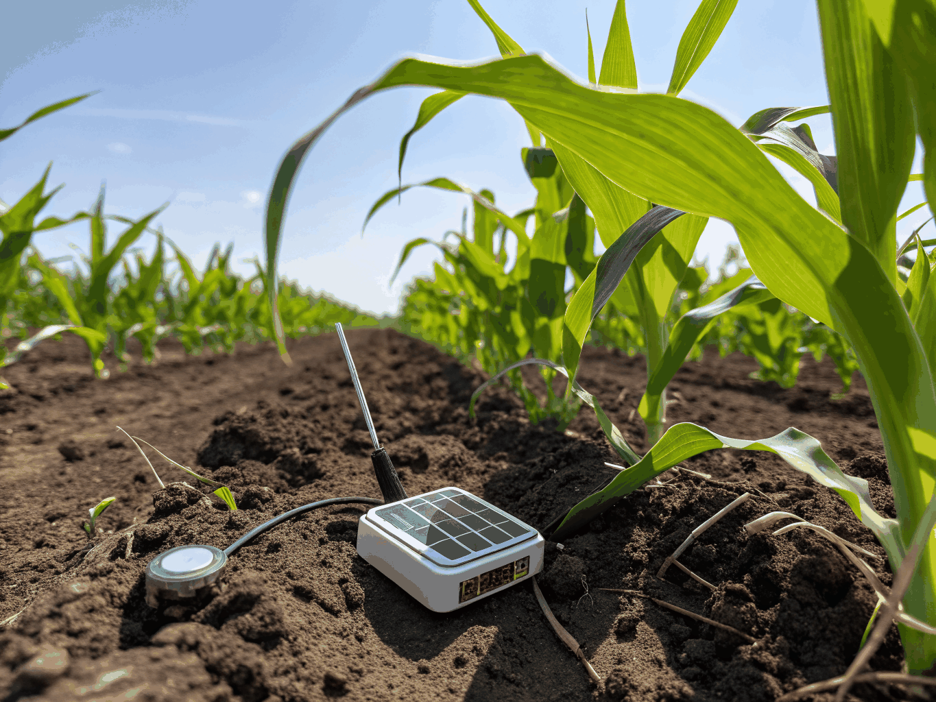 Soil moisture sensor placed in garden bed