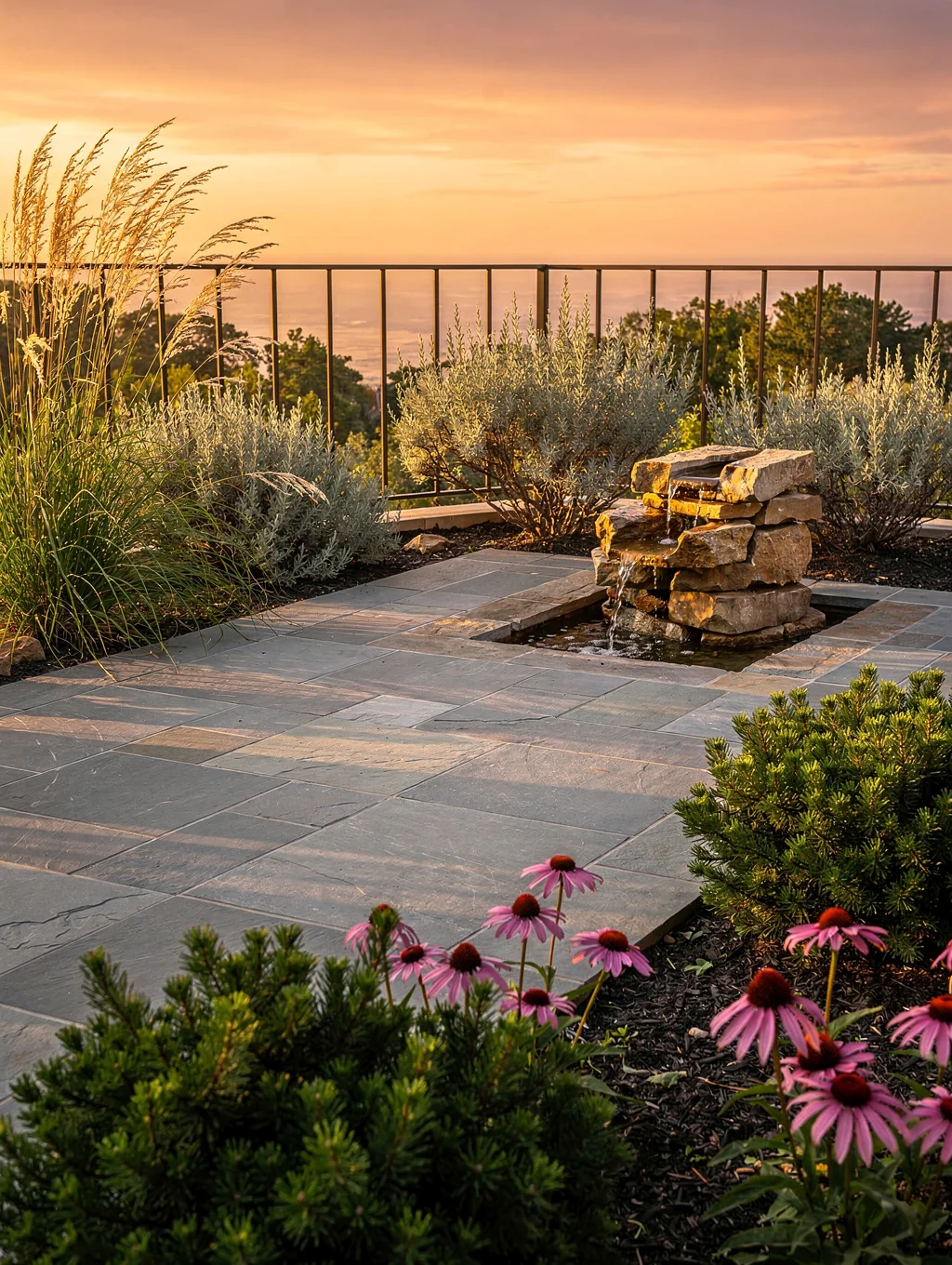 Natural stone patio construction on a sloped garden terrace